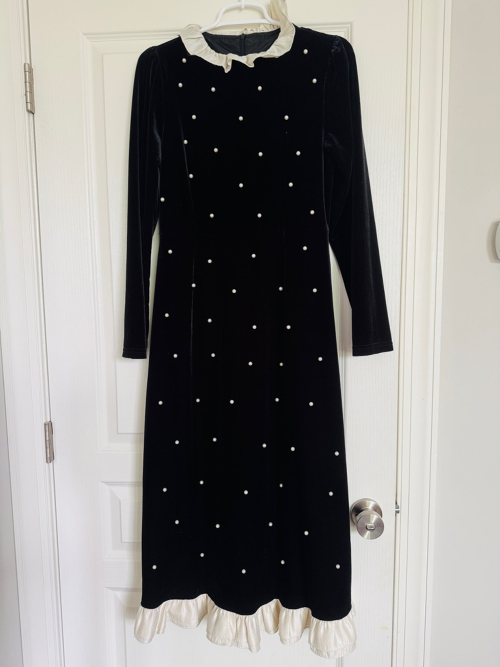 Black Velvet Long-Sleeve Dress with Pearl Accents and Cream Ruffle